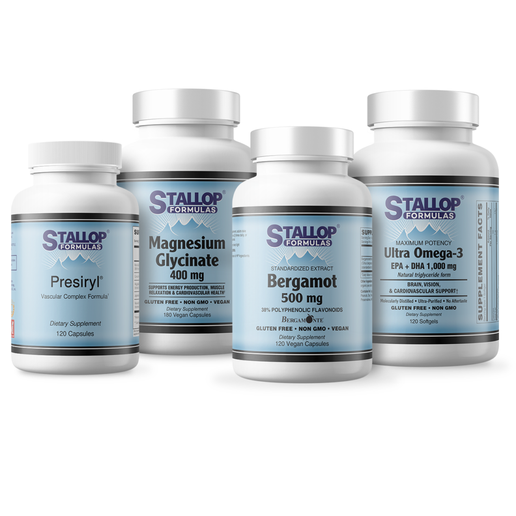 Healthy Cardiovascular Support Bundle including Presiryl 120 capsules, Magnesium Glycinate 180 Capsules, Citrus Bergamot 120 capsules, and Ultra Omega-3 Fish Oil 120 softgels Stallop Formulas