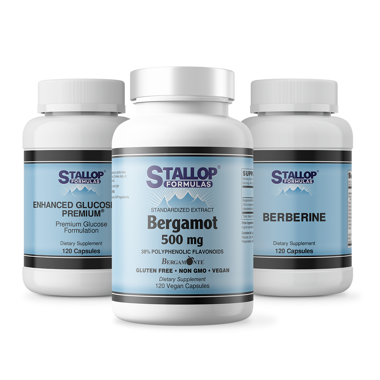 Glucose Metabolism Support Bundle including Citrus Bergamot 500 mg 120 count, Berberine 250 mg 120 count, and Enhanced Glucosidryl Premium 120 count from Stallop Formulas