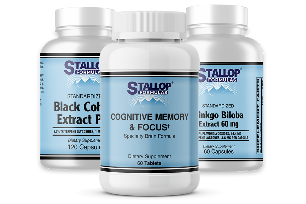 Home Stallop Formulas three bottles with BLACK COHOSH EXTRACT PLUS, COGNITIVE MEMORY & FOCUS, and GINKO BILOBA EXTRACT