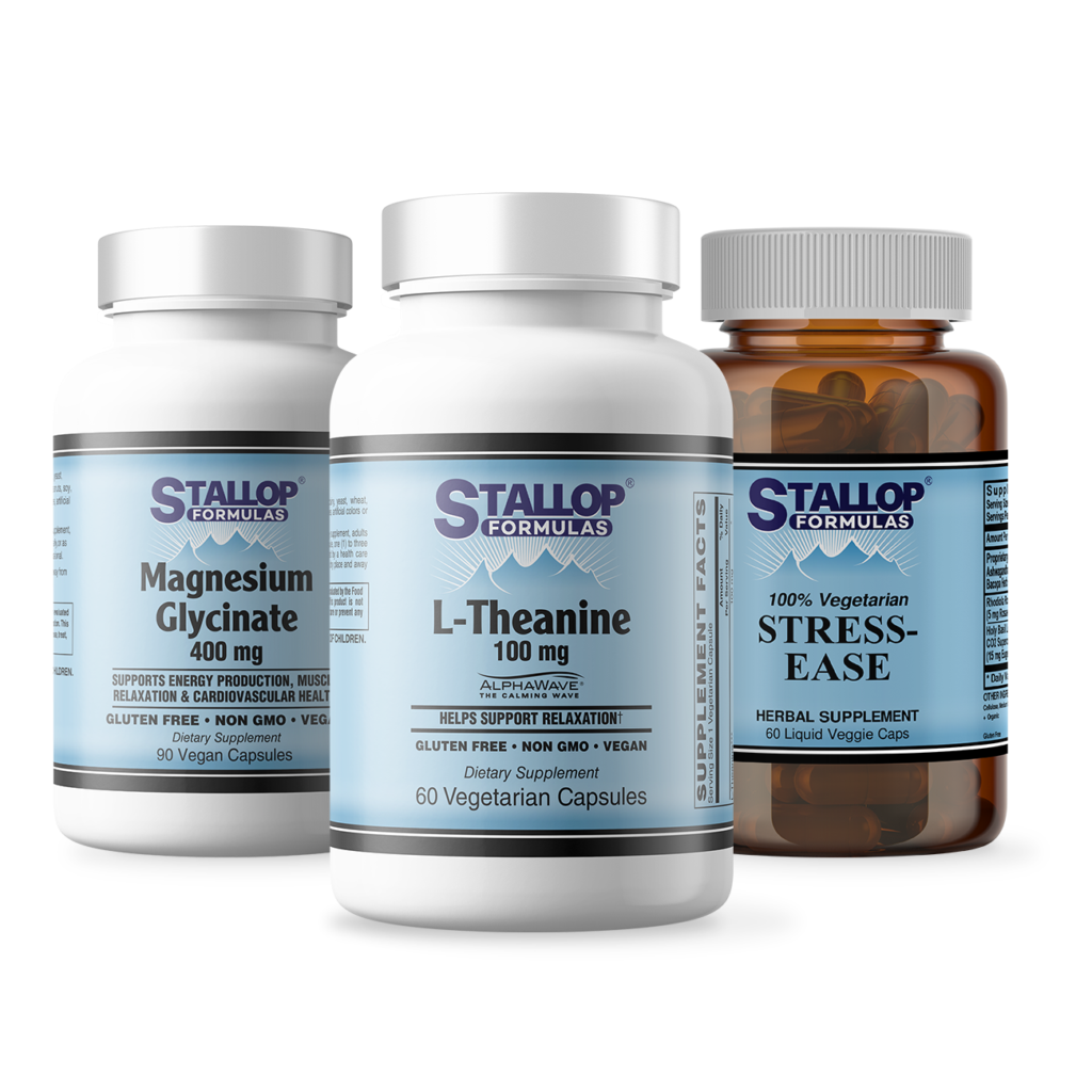 Healthy stress support bundle including magnesium glycinate 90 count, l-theanine 60 count, and stress ease 60 count Stallop Formulas®