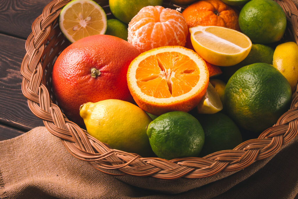 A close-up assortment of citrus fruits